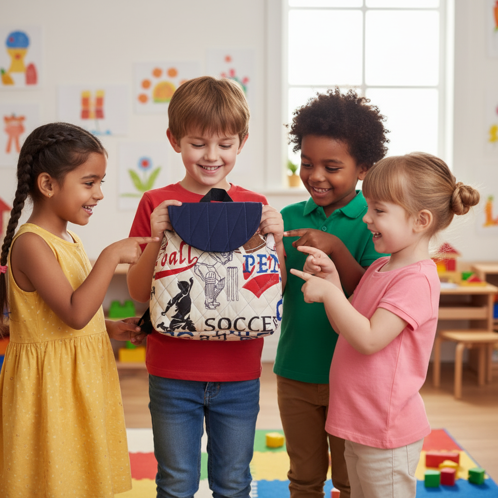 Boy holding smaller Little Champ Backpack with diverse classmates