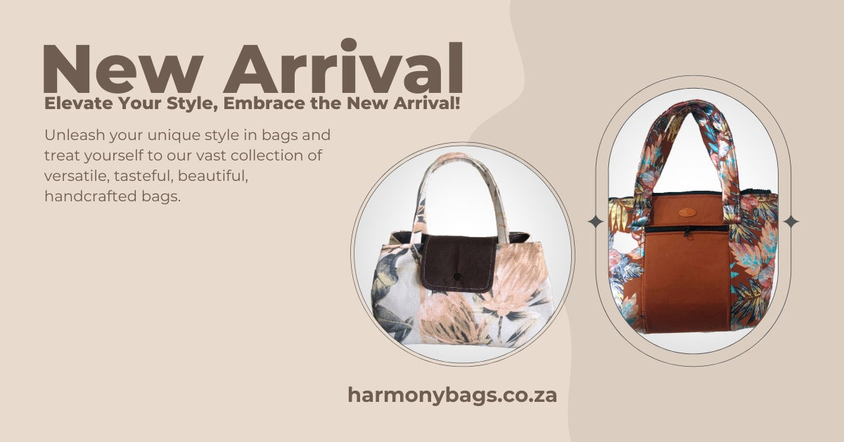 Advertisement for Harmony Bags with two handbags on a beige background and text about new arrivals.