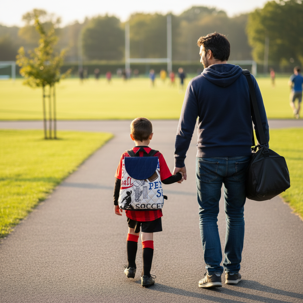 Back view of boy wearing Little Champ Backpack with dad