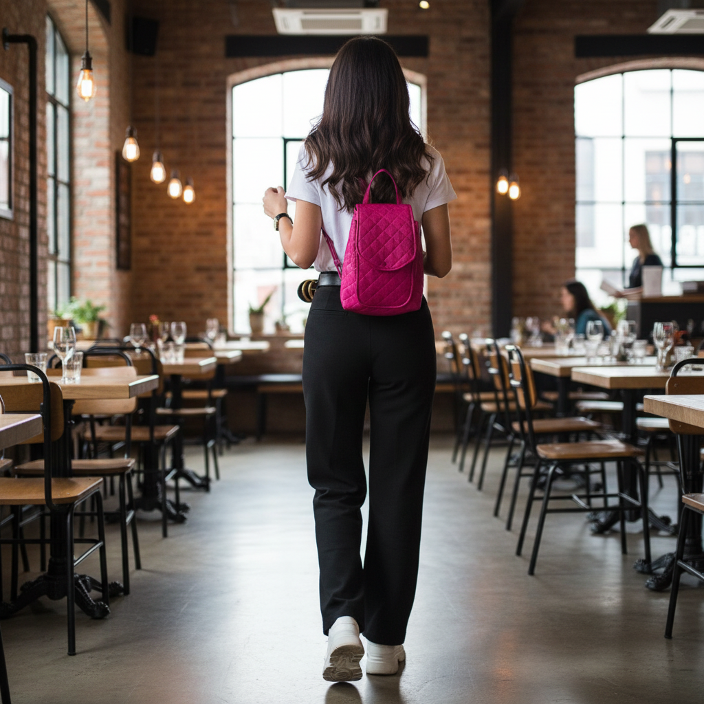 Influencer in black trousers and white tee wearing Maxine backpack