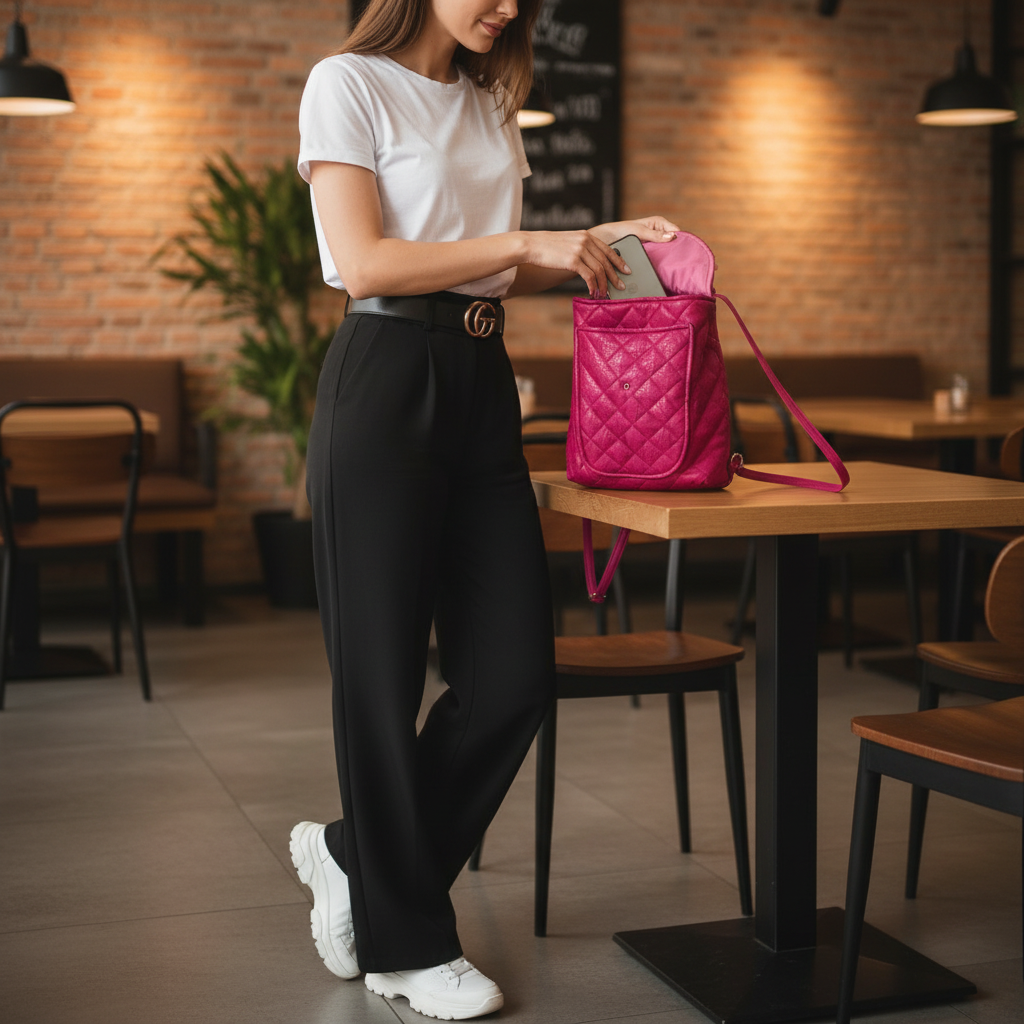 Influencer in stylish outfit taking phone from open Maxine backpack