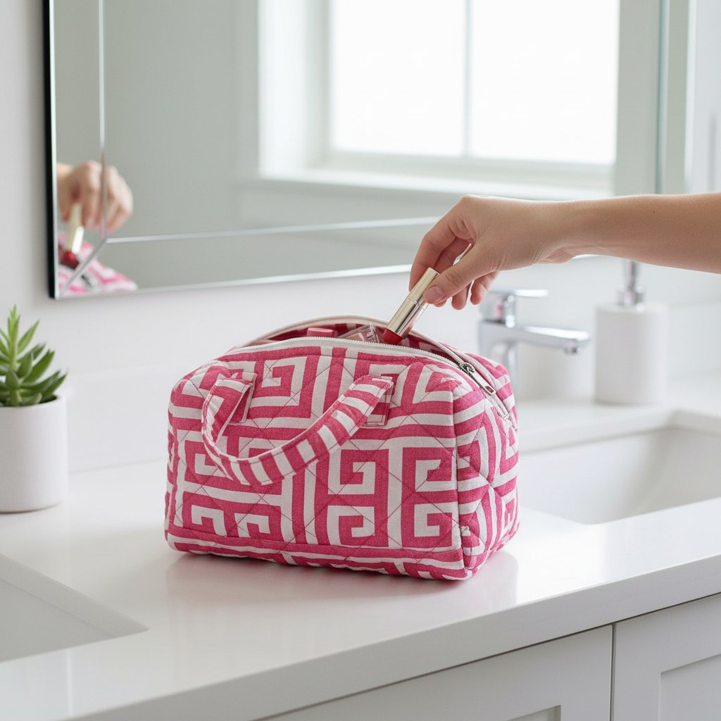 Nikki bag on counter - reaching for lipstick