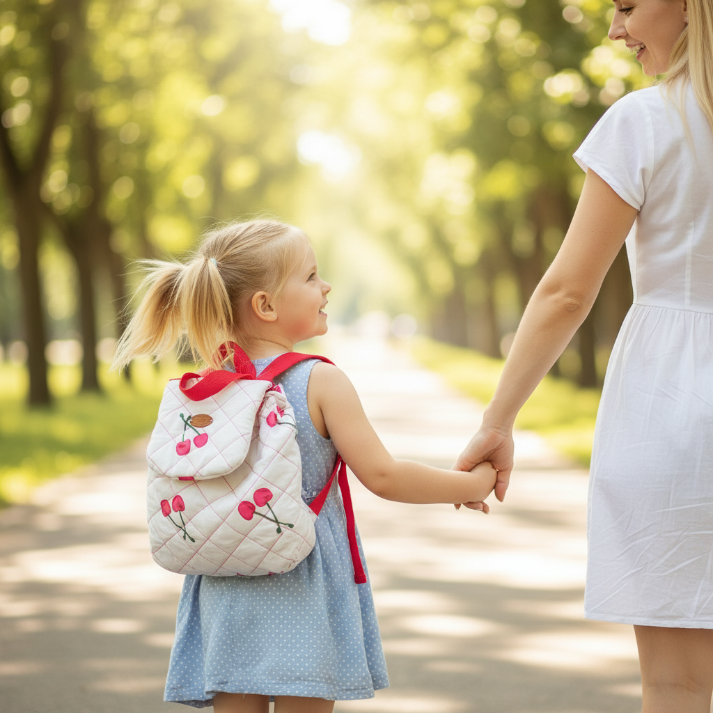 Toddler in dress with ponytails and Cherry Cuteness backpack walking with blonde mom